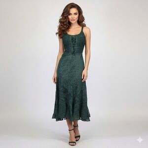 My Choice Forest Fairy Dress Womens M Green Floral Embroidered Boho Smocked Y2K